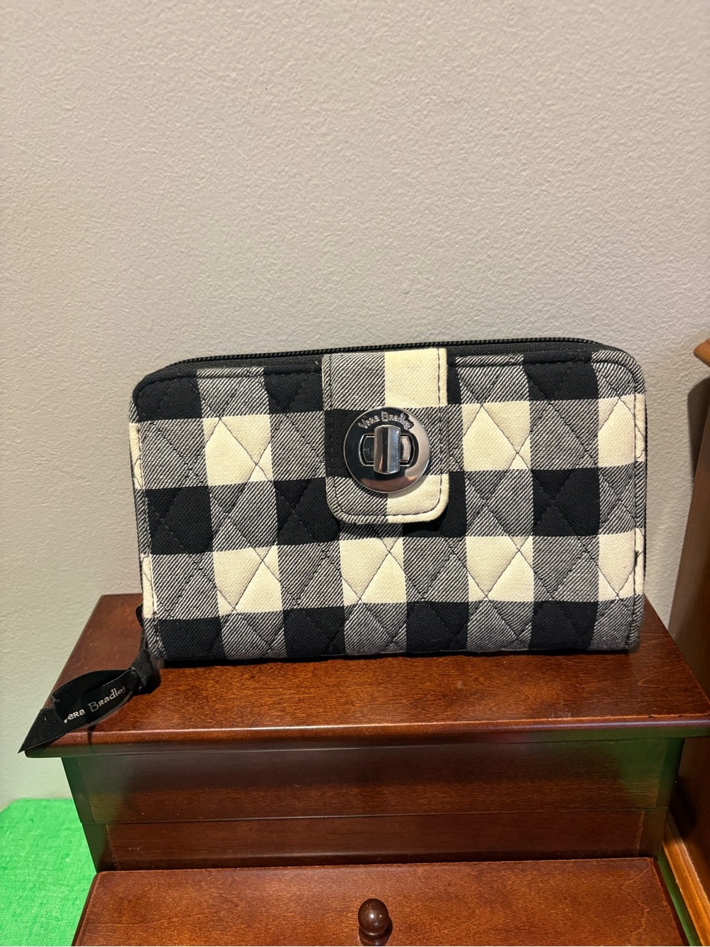 Vera Bradley Black & Cream Quilted Check Zip Wallet with Turn-Lock